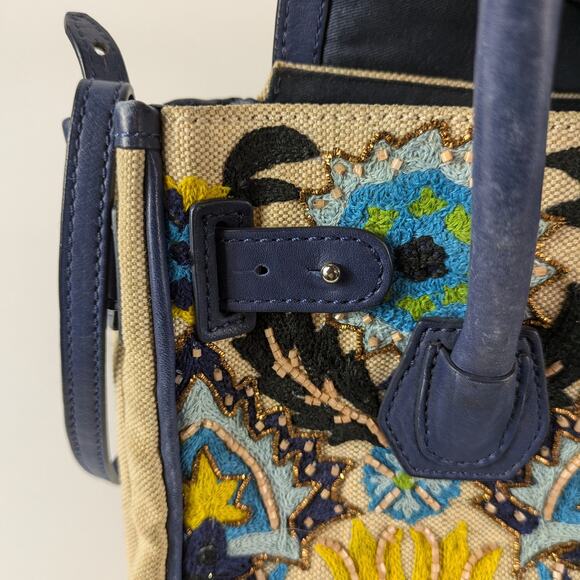 Sam Edelman Sylvia Purse Handbag Navy Blue Rare Embroidered Beads Leather Jute - Picture 10 of 16